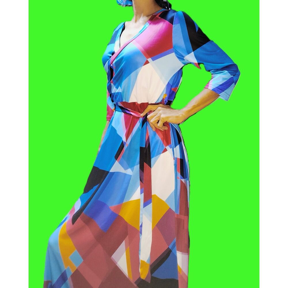 Abstract Geometric ~ Blue Pink & Turquoise Maxi Dress ~ Large ~ with Pockets!